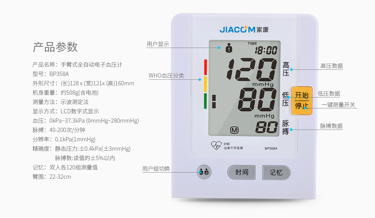 BP358A手臂式全自动电子血压计产品参数